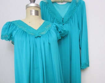 M L Shadowline Peignoir Night Gown Robe Vintage Teal