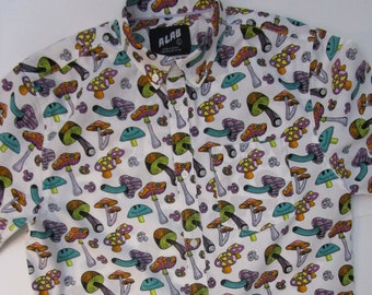 L Mens Mushroom Vintage 1980s Cotton Button Front Shirt Short Sleeve