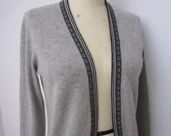 M Gray CASHMERE Open Cardigan Sweater Knit Intarsia Banding