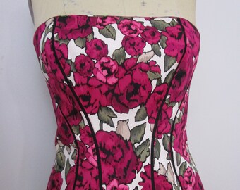 sz8 Pink Floral Bustier Corset Strapless Camisole Hourglass Boning