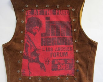 S Upcycled Hendrix Concert Tee Vintage Suede Vest Snaps Studs Pockets LA Forum