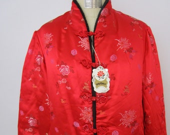 L Peony NWT Chinese Reversible Jacket Coat Frogs Red Black Satin Jacquard Brocade