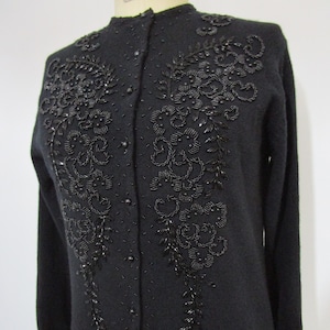 40 Hong Kong Beaded Cardigan Sweater 1960s Black Glass Lambswool