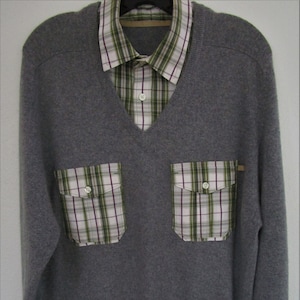 L Upcycled Herren CASHMERE Kariertes Hemd Klappentaschen V-Ausschnitt Pullover Pullover Charcoal Vintage Kuschelige Qualität