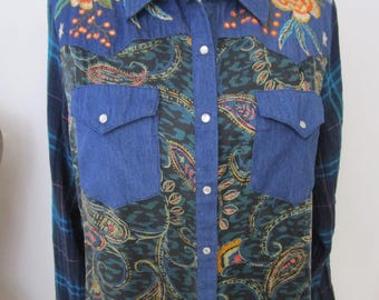 M ジョニー・ワズ カウガール ウエスタンシャツ 刺繍 ネイビー パールスナップ