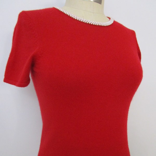 S Red CASHMERE Macys Pullover Strickpullover Perlen Kurzarm Kuschelig Fuzzy Lecker