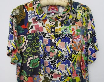 M Johnny Was Polo Collar Jersey Bamboo Knit Patchwork Floral Pearl Buttons