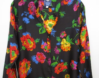S Johnny Was Silk Vivid Floral Black Top Blouse Bohemian