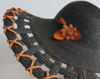 Whittall Shon Black Lattice Straw Wide Brim Summer Hat Sun Protection