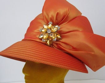 Orange Satin Tall Brim Church Hat Rhinestone Medallion Wedding Races Easter