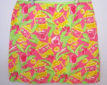 14 Lilly Pulitzer Tropical Print A Line Skirt Pink Cotton Lace Logo Above Knee Length