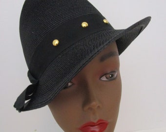 Cocky Black Straw Trilby Fedora Hat Vintage 1950s