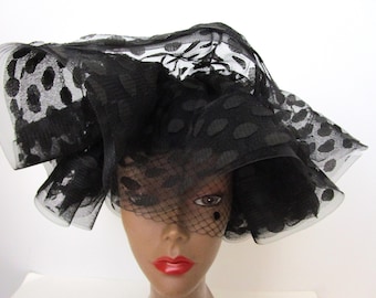 Dotted Sheer Tulle Veiled Fascinator Whimsy Hat Cocktail Party Bridal Church