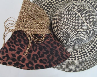 2 Wide Brim Hats Straw Leopard Kokin Paper Checks Vaca Packable