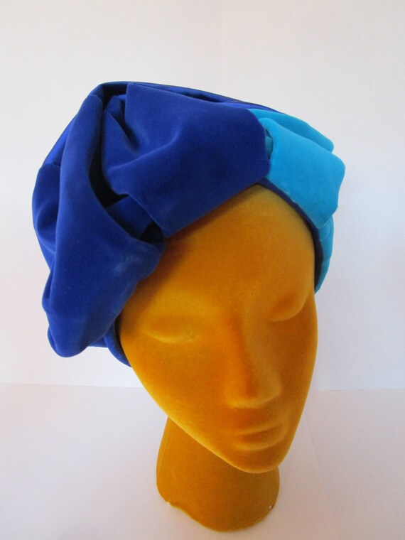 Draped 1950s Two Toned Blue Turban Hat Christine P