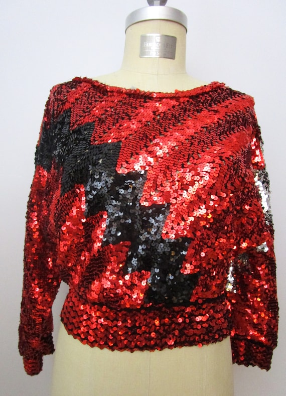 S Roller Disco Glam Rock 70s Red Sequin Sweater To