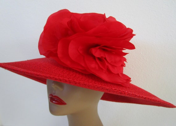 Patricia Underwood Red Wide Brim Hat Silk Flower … - image 4