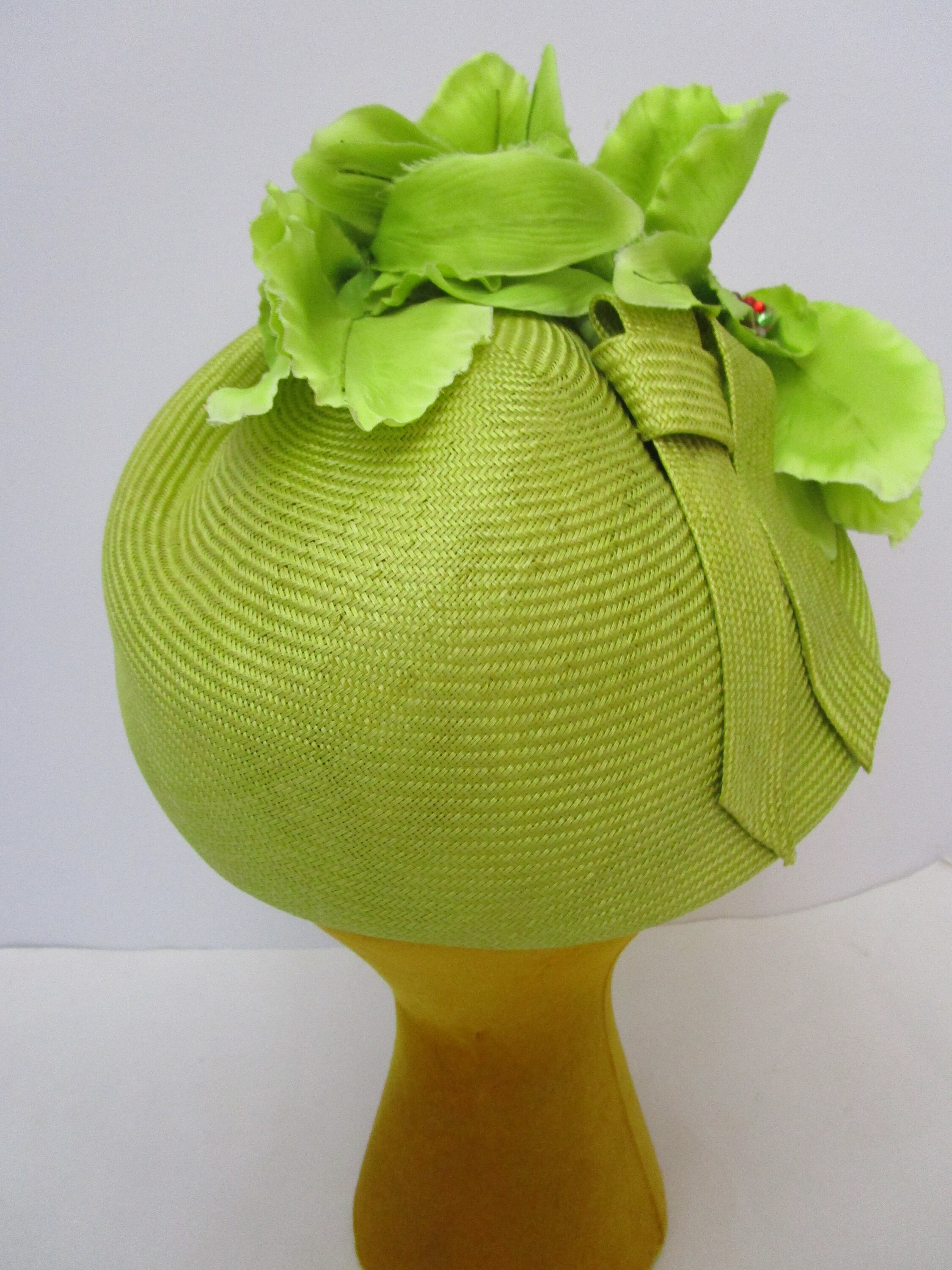 Jack McConnell Chartreuse Straw Hat Molded Torque Silk Orchid Church Percher Jack McConnell Original Vintage Hats Women main image 4