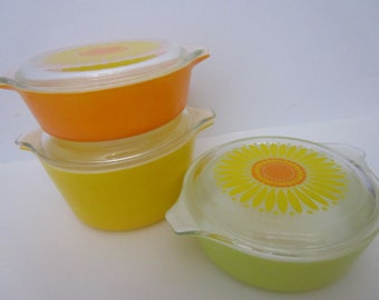 Pyrex Set 3 Cinderella Casseroles Daisy Sunflower Oven Ware USA Vintage