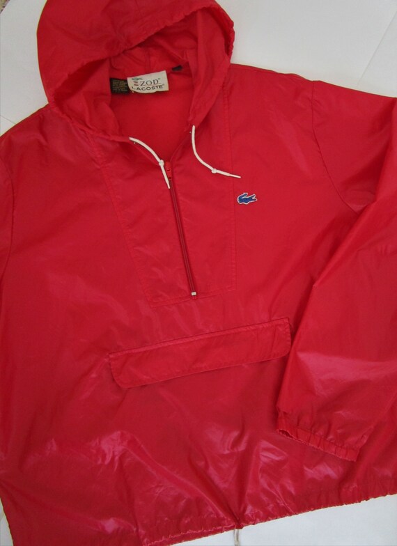 XL Mens Lacoste Windbreaker Alligator Nylon Quarter Zip Jacket 70s Anorak Pullover Red Hooded Vintage Unisex