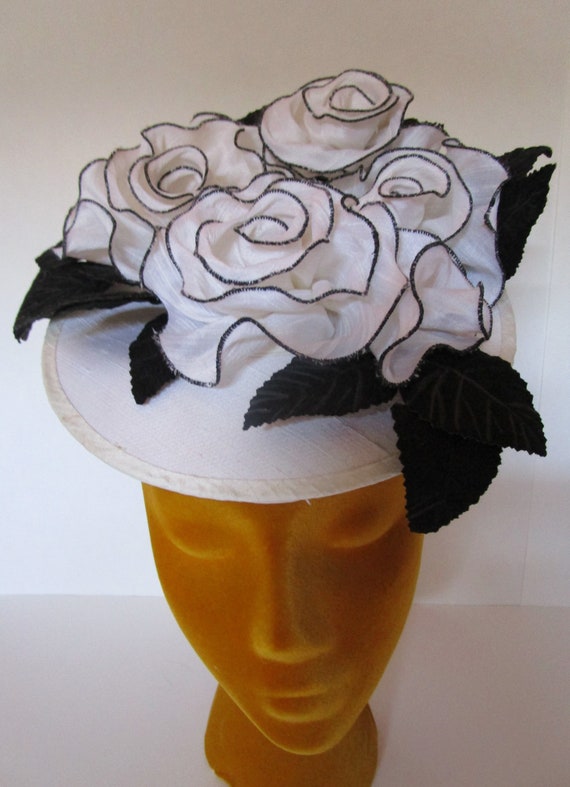John Koch Percher Hat Black White Silk Flowers Pla