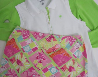 L Lilly Pulitzer Lime Cotton Cardigan Sweater Polo Print Skirt Vaca