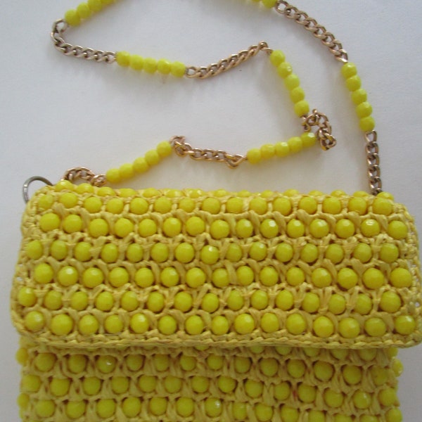 Mod Yellow Faceted Bead Raffia Straw Purse Shoulder Bag Gold Chain Mid Century  1960s