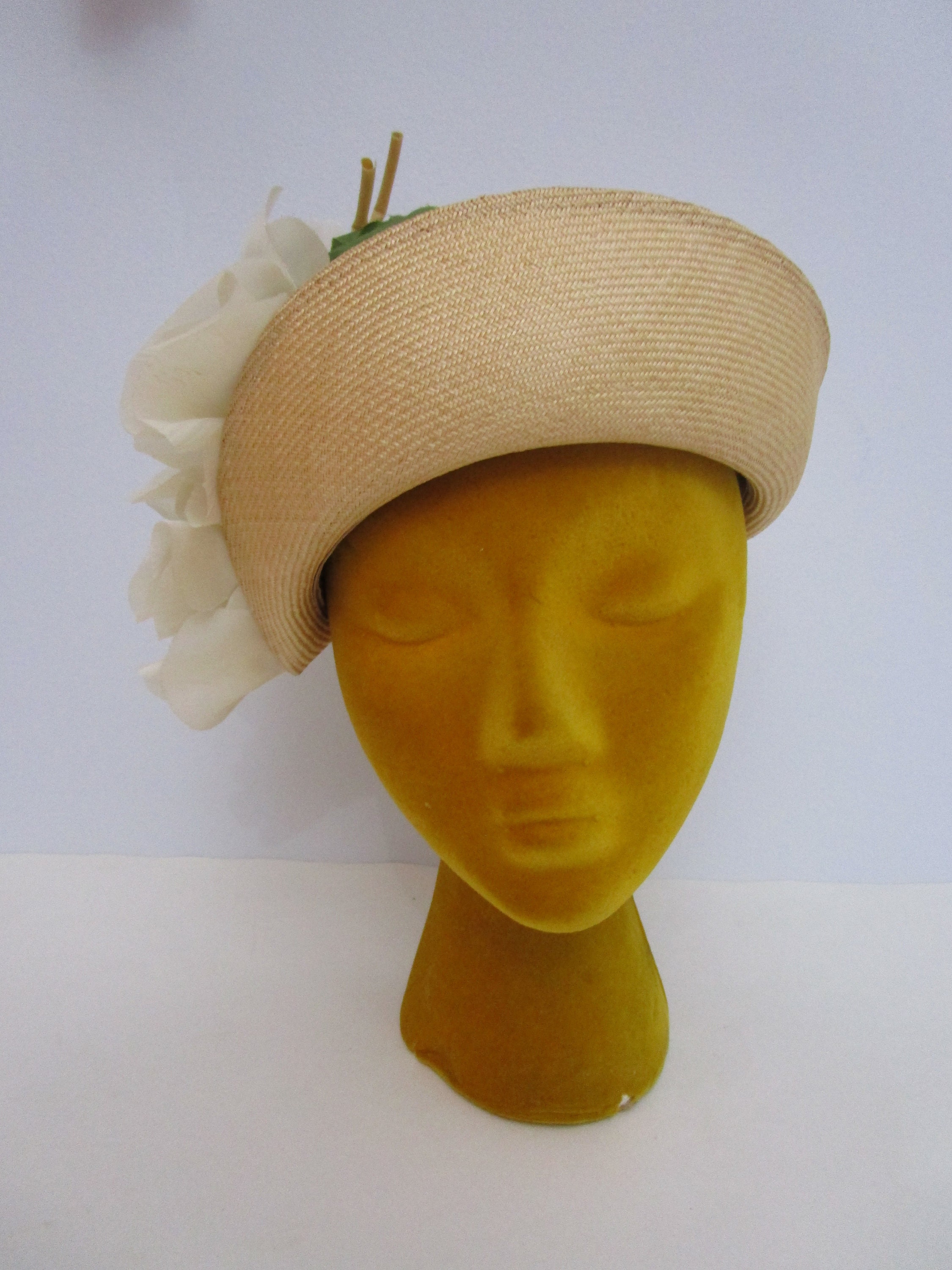 Jack McConnell Chartreuse Straw Hat Molded Torque Silk Orchid Church Percher Jack McConnell Original Vintage Hats Women main image 3