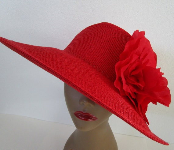 Patricia Underwood Red Wide Brim Hat Silk Flower … - image 7