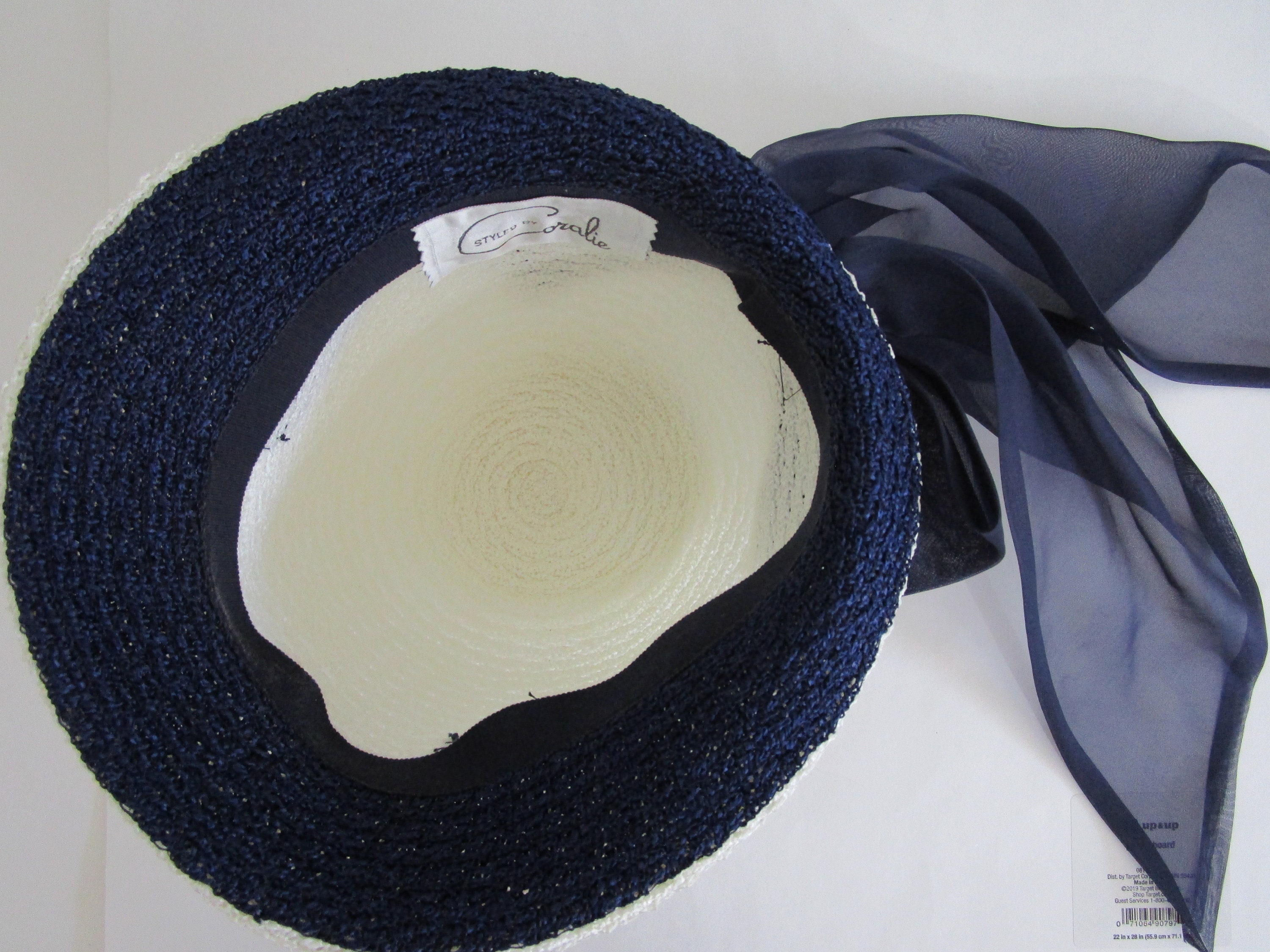 Mod 1960s White Textured Faux Straw Dome Hat Navy Sheer Scarf Bow Cream White Orford Fedora Hat, Navy Ribbon - Hicks & Brown main image 4