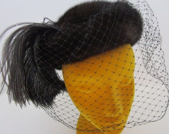 Canadian Veiled Black Real Fur Hat Ostrich Feather