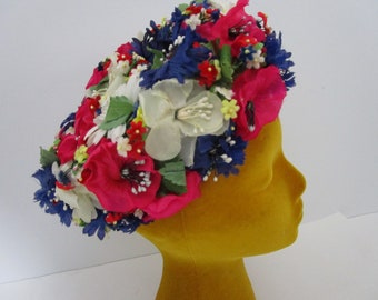 Silk Flowers Vintage 60s Hat Whimsey Calot Pillbox Garden Party Festival Fuchsia Blue