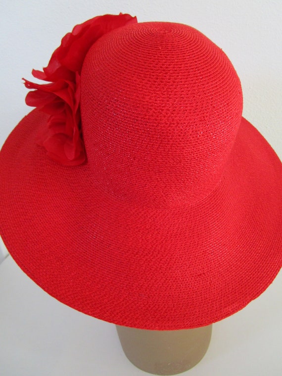 Patricia Underwood Red Wide Brim Hat Silk Flower … - image 5