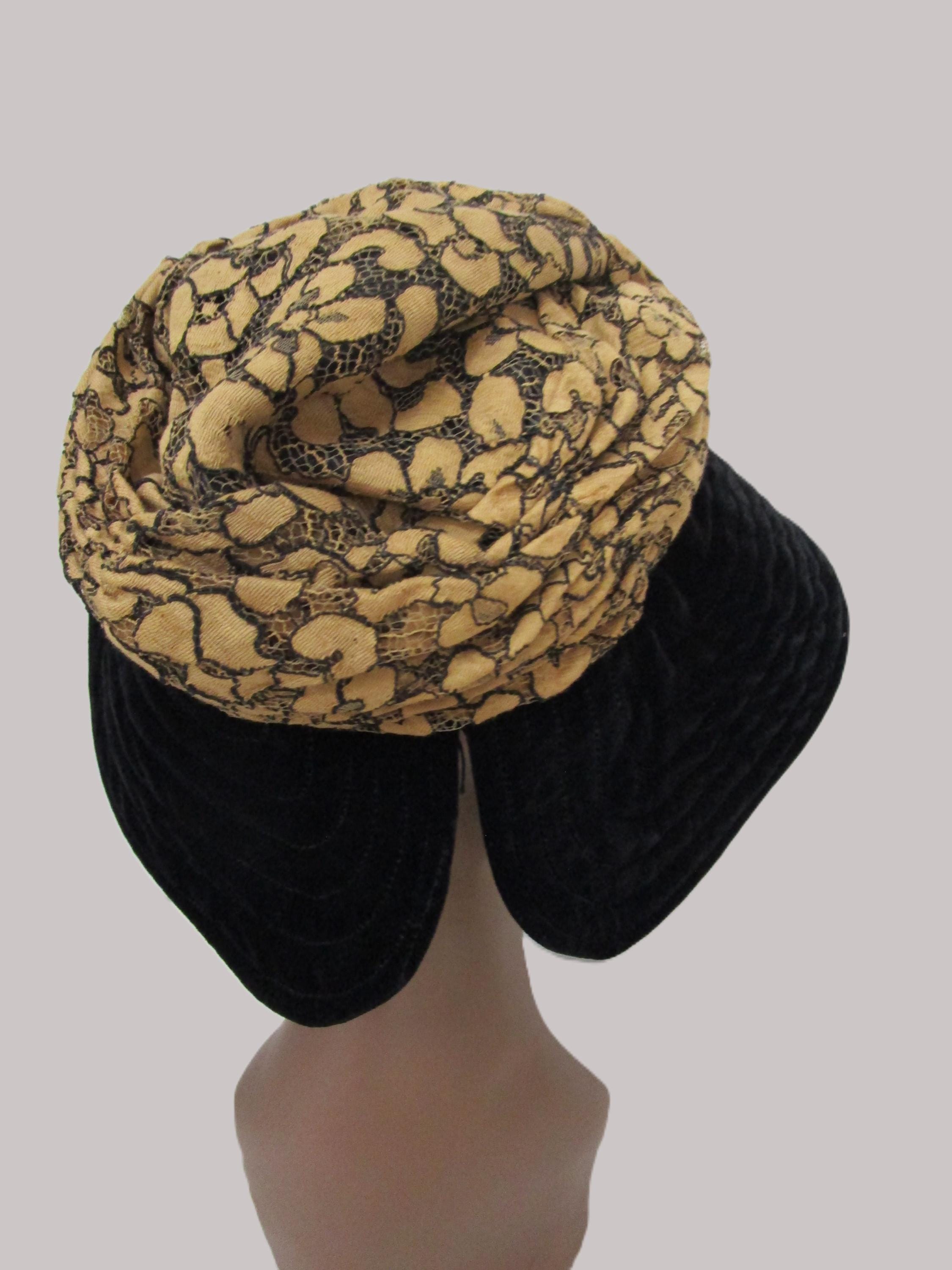 Kokin Soft Velvet Floppy Brim Hat Black Velveteen Gold Lace 