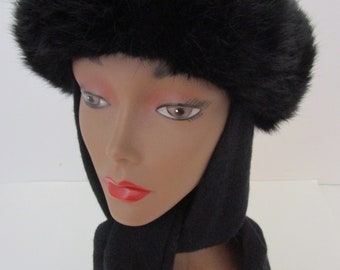 Snuggly Warm Vintage Don Anderson Scarf Hat Wool Black Real Fur