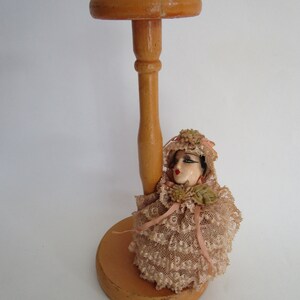 Ruffled Lace Boudoir Doll Wooden Hat Stand Figural Pin Cushion Vintage Millinery Decor image 3