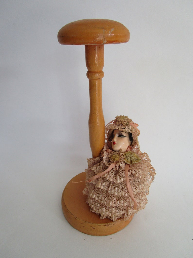 Ruffled Lace Boudoir Doll Wooden Hat Stand Figural Pin Cushion Vintage Millinery Decor image 3