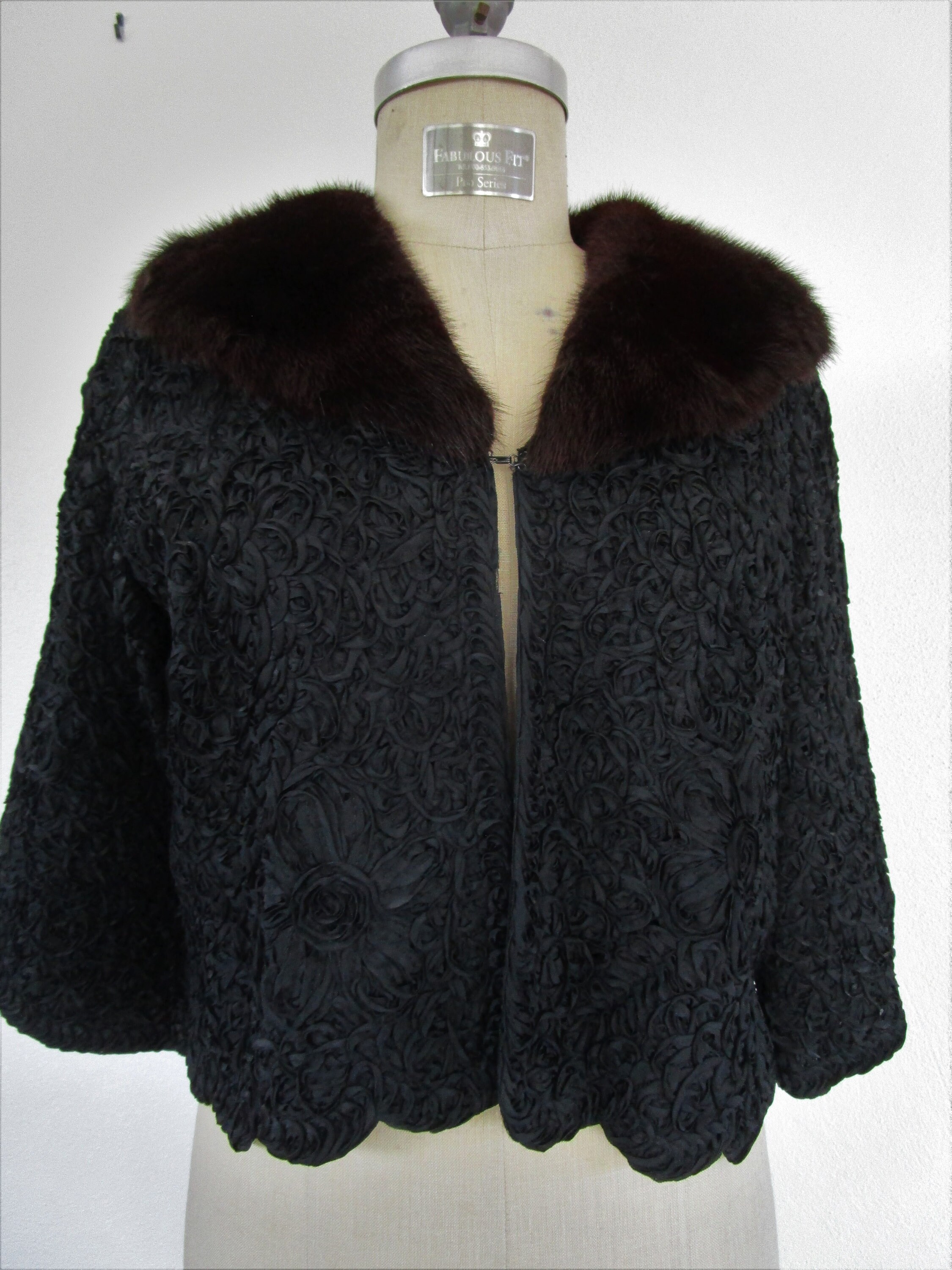 M Ribbon Lace Jacket Fur Collar Mid Century Cropped 50s 60s Etsy