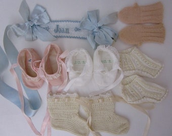 Lot Vintage Baby Doll Shoes Japan Pink Blue Crochet Headband Ribbons