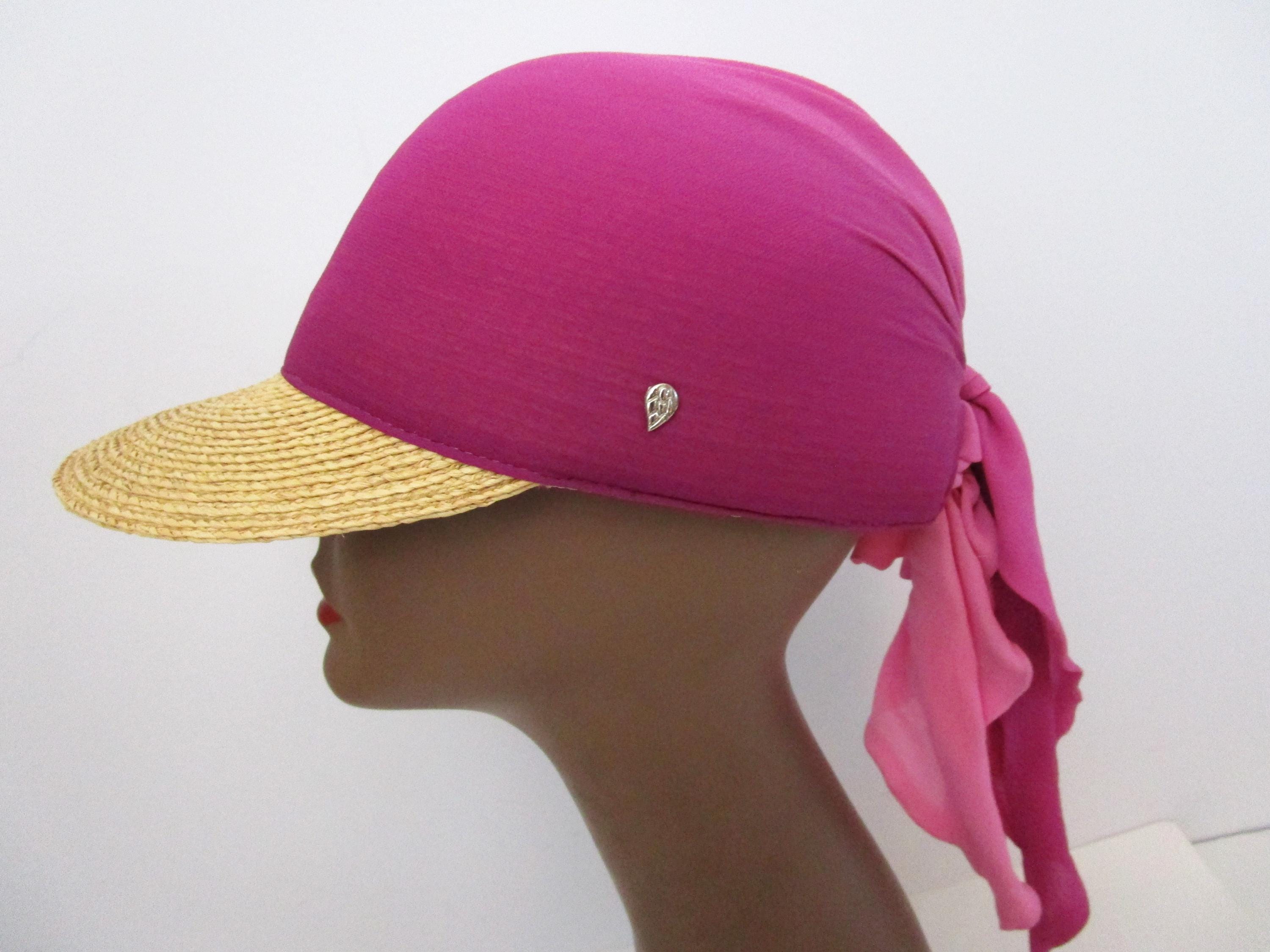 Helen Kaminski Natural Raffia Straw Visor Brim Cap Baseball Pink Silk Scarf