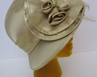 Gold Satin Bucket Church Hat Feather Floral Medallion Wedding Races Church
