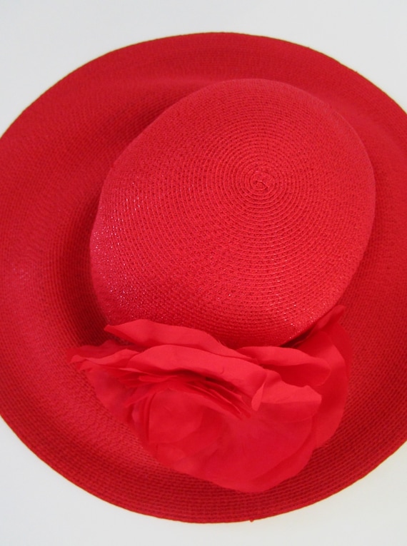 Patricia Underwood Red Wide Brim Hat Silk Flower … - image 10