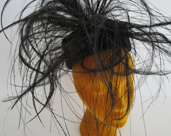 David Cohen Spider Feather Pillbox Hat Vintage 1990s Black Races Derby Polo Cocktail