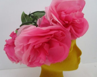 Silk Roses 1950s Spring Garden Wire Cage Whimsy Hat Pink Floral Wedding Bridal Church Derby