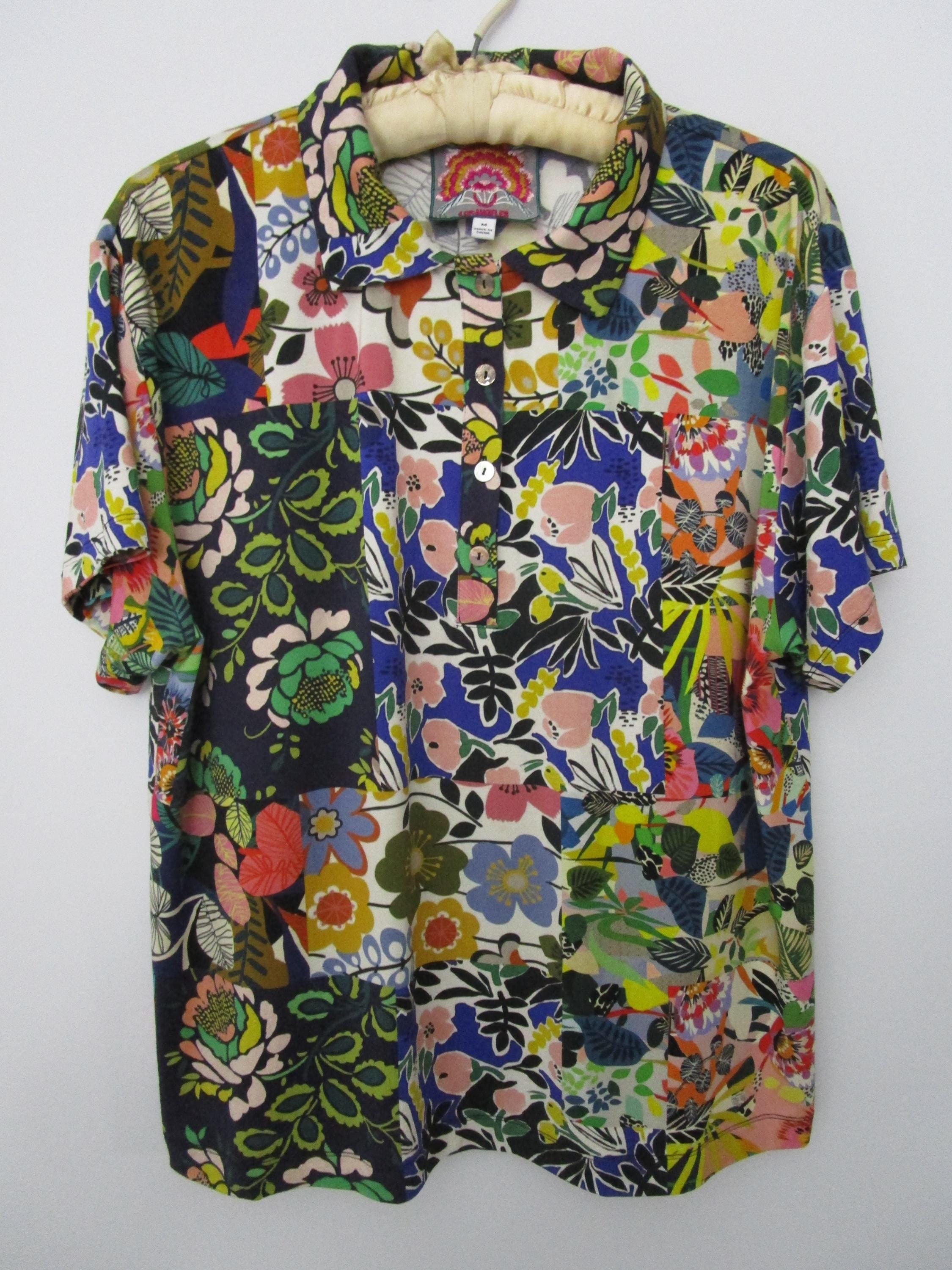 M Johnny Was Polo Collar Jersey Bamboo Knit Patchwork Floral Pearl Buttons