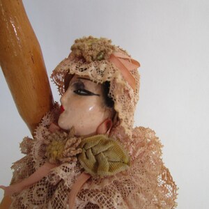 Ruffled Lace Boudoir Doll Wooden Hat Stand Figural Pin Cushion Vintage Millinery Decor image 2