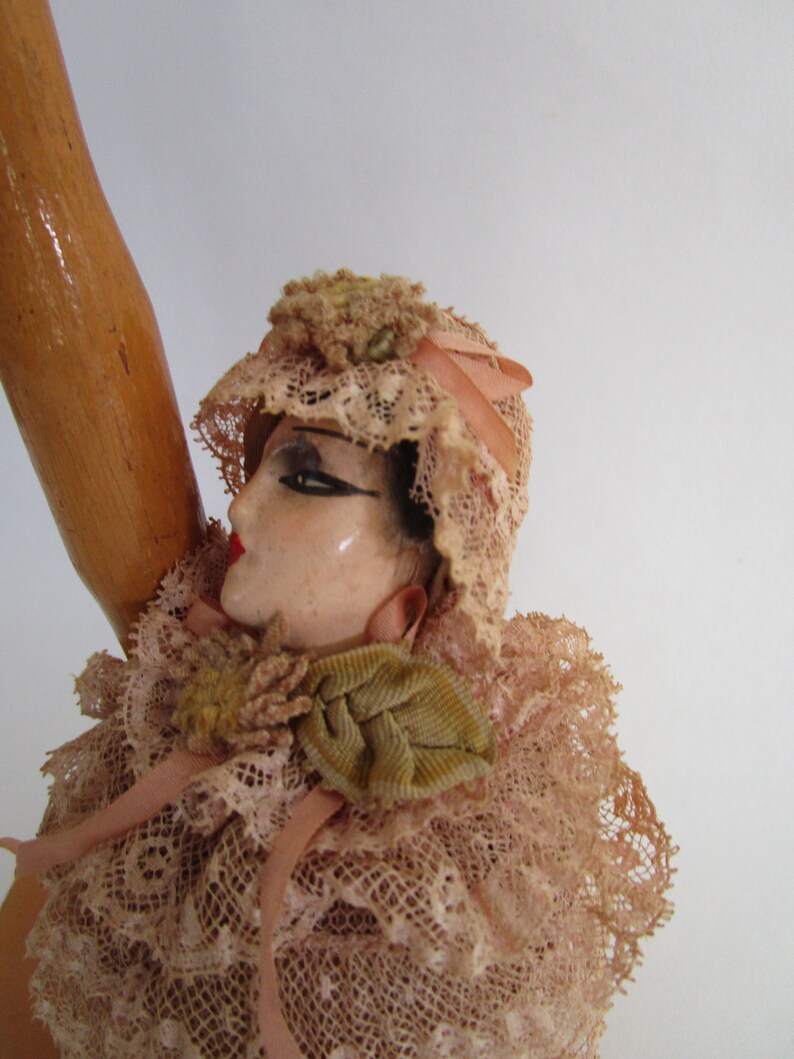 Ruffled Lace Boudoir Doll Wooden Hat Stand Figural Pin Cushion Vintage Millinery Decor image 2