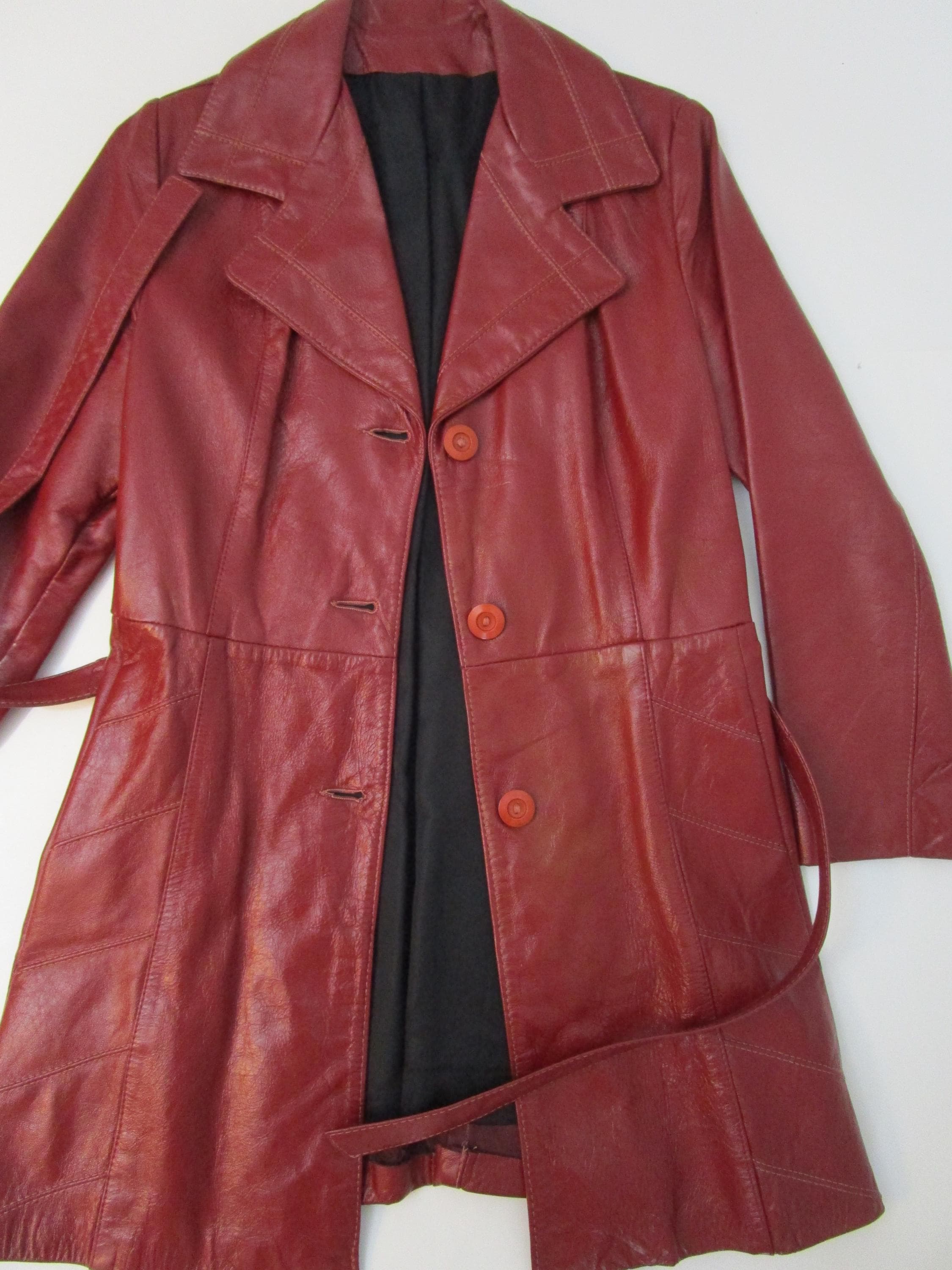 XS S Vintage 70s Red Leather Jacket Car Coat Tie Belt - Etsy