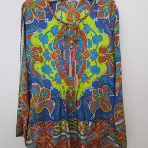 S Johnny Was Silk Art Nouveau Tunic Top Bohemian Button Front
