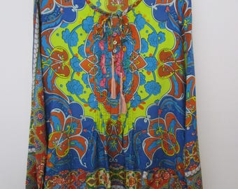 S Johnny Was Silk Art Nouveau Tunic Top Bohemian Button Front